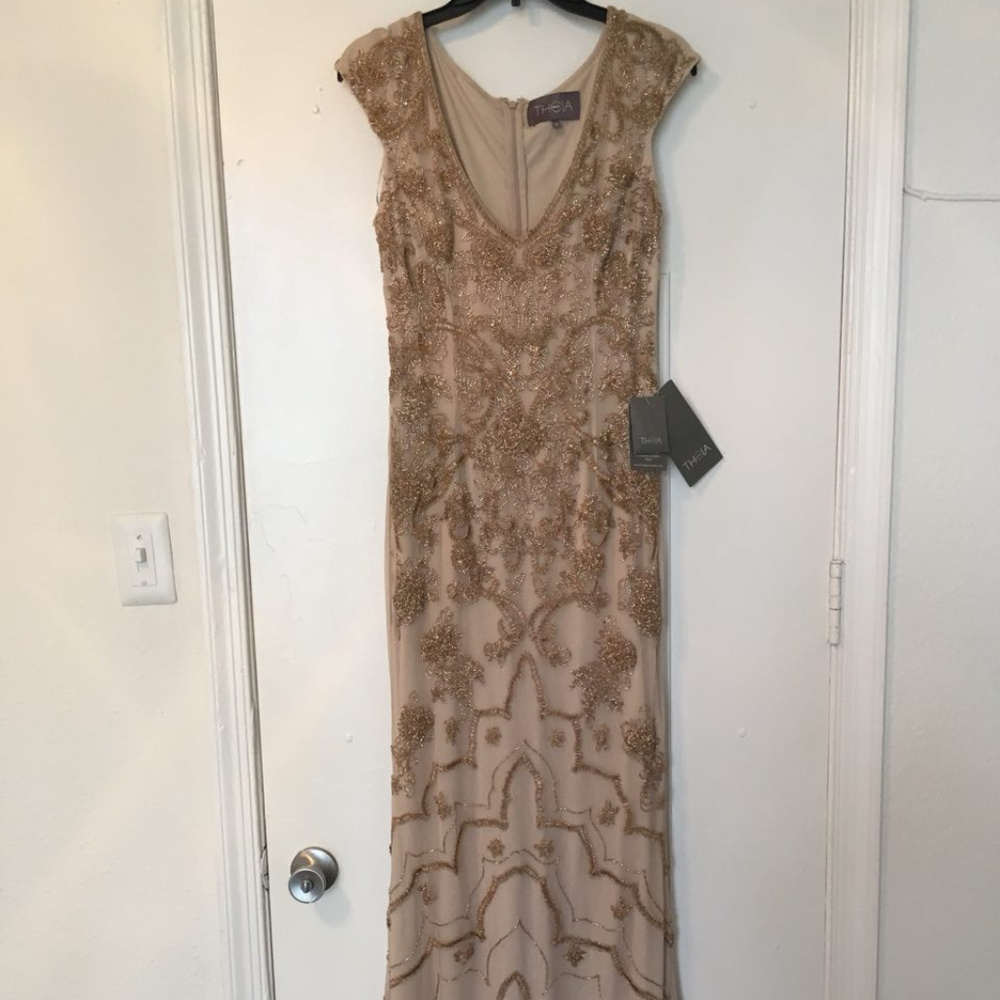Theia Ochre Gold Beaded Cap Sleeve V-Neck Full Length Gown Evening Dress, Size 8 - Picture 5 of 11